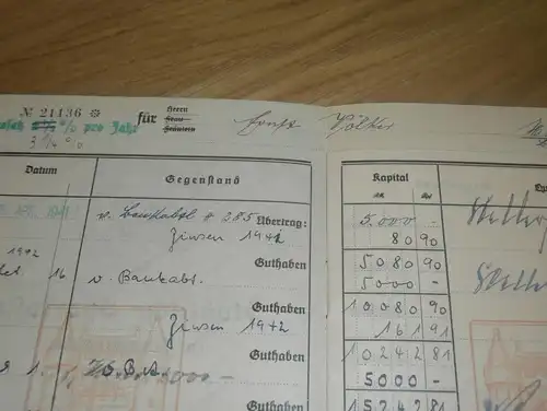 altes Sparbuch Schmalkalden , 1941 - 1942 , Ernst Völker ,  Sparkasse , Bank !!!