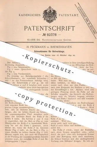 original Patent - H. Peckmann , Bremerhaven , 1894 , Schnurklemme für Rollvorhang | Vorhang , Jalousie , Fenster !!