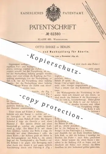 original Patent - Otto Ehrike , Berlin , 1894 , Regelbare Spülung für Aborte  | Abort , WC , Toilette | Klempner