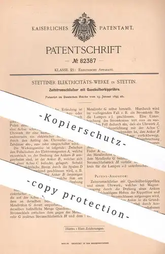 original Patent - Stettiner Elektrizitäts-Werke , Stettin , 1895 , Zeitstromschließer mit Quecksilber | Uhrwerk , Strom