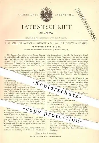 original Patent - F. W. Axel Erdmann in Wismar , H. Ruperti in Kassel , 1883 , Verstellbarer Stuhl , Stühle , Möbel !!