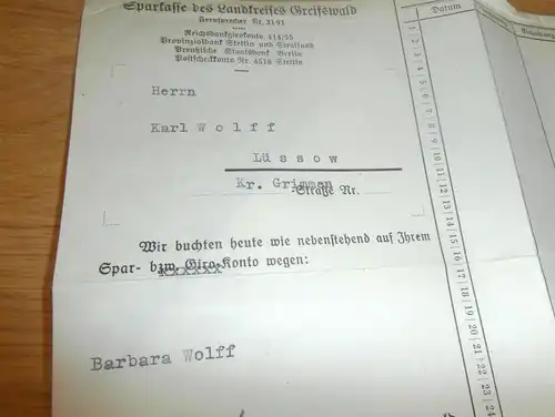 altes Sparbuch Lüssow / Kr. Grimmen , 1942 - 1944 , Karl Wolf , Landwirt in Lüssow , Greifswald , Mecklenburg Sparkasse