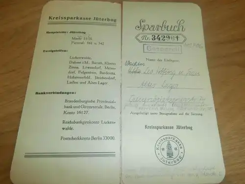 altes Sparbuch Jüterbog , 1941 - 1945 ,  Wachtmeister Leo Höfing , Altes Lager , Bad Lauterberg , Sparkasse , Bank !!!