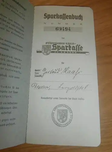 altes Sparbuch Dessau , 1937 - 1945 , Gertrud Maaß in Dessau , Sparkasse , Bank !!!