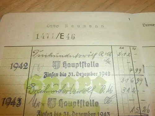 altes Sparbuch Dresden , 1942 - 1943 , Otto Neumann in Dresden , Sparkasse , Bank !!!