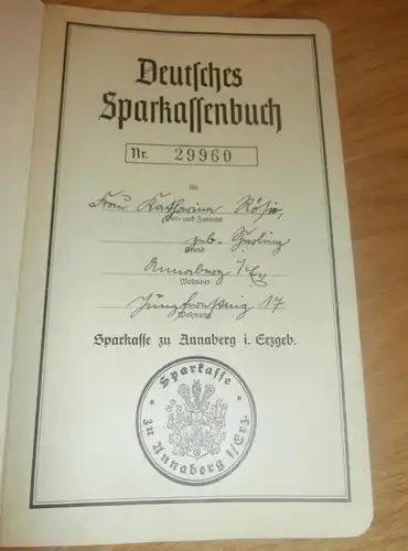 altes Sparbuch Anneberg im Erzgebirge , 1943 - 1944 , Katharina Röse geb. Garling , Sparkasse , Bank !!!
