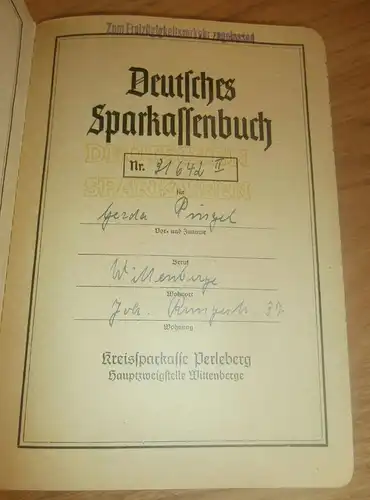 altes Sparbuch Wittenberge / Perleberg , 1955 - 1958 , Gerda Pingel , Sparkasse , Bank !!!