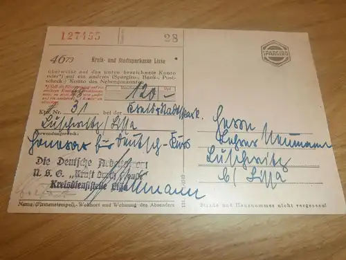 Zahlschein Sparkasse Luschwitz b. Lissa , 1943 , Paul Neumann , Leiter der Schule , Arbeitsfront , Posen , Warthegau !!!