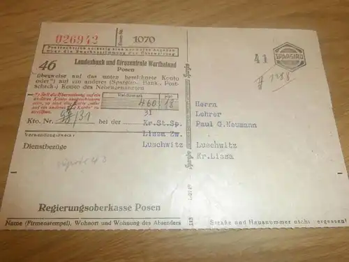 Zahlschein Sparkasse Luschwitz b. Lissa , 1943 , Paul Neumann , Leiter der Schule , Bank , Posen , Warthegau !!!