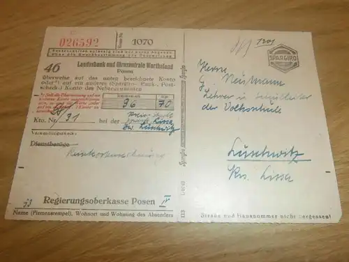 Zahlschein Sparkasse Luschwitz b. Lissa , 1943 , Paul Neumann , Leiter der Schule , Bank , Posen , Warthegau !!!