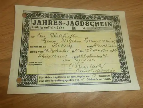 Jagdschein 1926 , Gutsförster Wilhelm Pommerening in Ritzig / Kreis Schivelbein , Jagd , Gutshof !!!