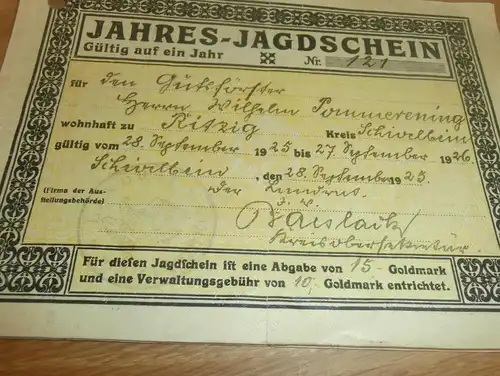 Jagdschein 1926 , Gutsförster Wilhelm Pommerening in Ritzig / Kreis Schivelbein , Jagd , Gutshof !!!