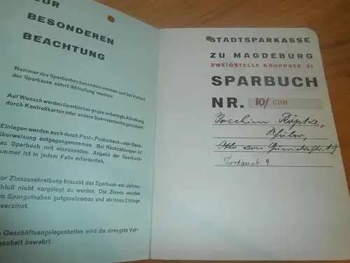 altes Sparbuch Magdeburg , 1938 - 1939 , Joachim Röpke , Jordanstraße , Sparkasse , Bank !!!