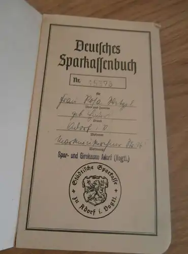 altes Sparbuch Adorf / Vogtland, 1944 - 1946 , Rosa Wetzel , Sparkasse , Bank !!!