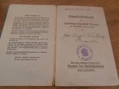 altes Sparbuch Brandis / Leipzig , 1940 - 1944 , Alfred Schilling , Sparkasse , Bank !!!