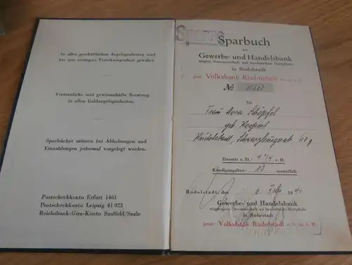 altes Sparbuch Rudolstadt , 1940 - 1944 , Dora Schöpfel , Sparkasse , Bank !!!