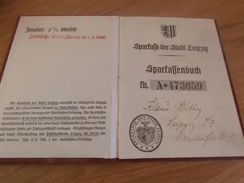 altes Sparbuch Leipzig , 1938 - 1943 , Klaus Wittig , Sparkasse , Bank !!!