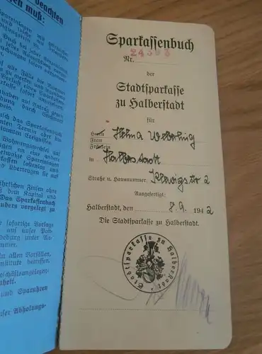 altes Sparbuch Halberstadt , 1942 - 1946 , Helma Weberling , Sparkasse , Bank !!!