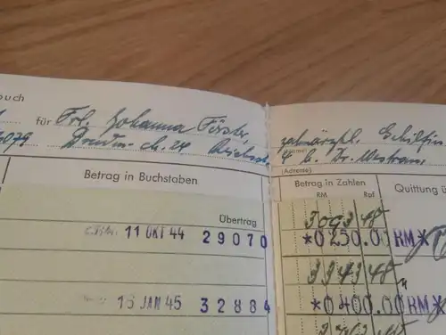 altes Sparbuch Dresden , 1943 - 1945 , Johanna Förster , Zahnarzt , Sparkasse , Bank !!!