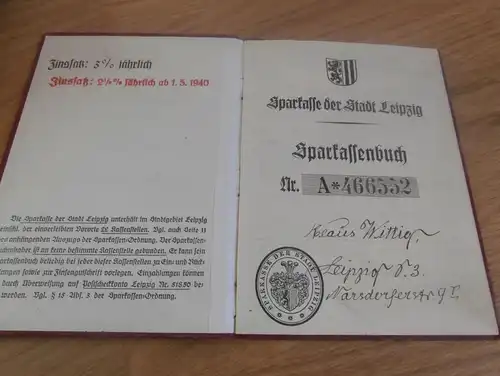 altes Sparbuch Leipzig , 1938 - 1944 , Klaus Wittig , Sparkasse , Bank !!!