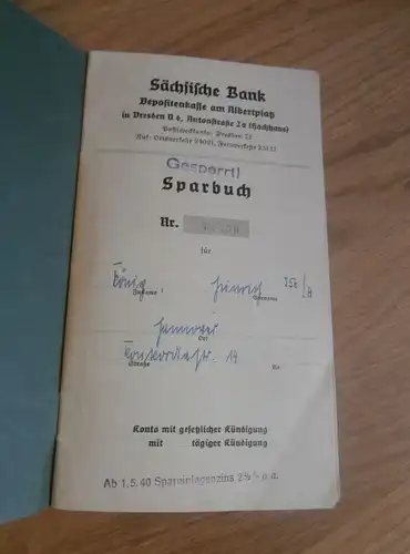 altes Sparbuch Dresden  , 1941 - 1945 , Hinrich König in Hannover , Sparkasse , Bank !!!