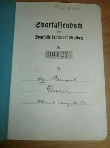 altes Sparbuch Dresden Johannstadt , 1938 - 1944 , Elsa Hempel , Winkler , Sparkasse , Bank !!!