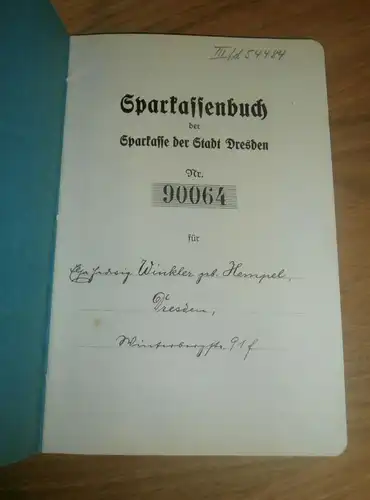 altes Sparbuch Dresden Johannstadt , 1937 , Elsa Winkler geb. Hempel , Sparkasse , Bank !!!