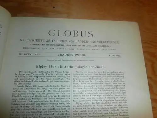 Völkerkunde Juli-Dezember 1899, gebundene GLOBUS Zeitschriften , Expedition , Kolonie , Reise , Berichte , Etnologie  !!