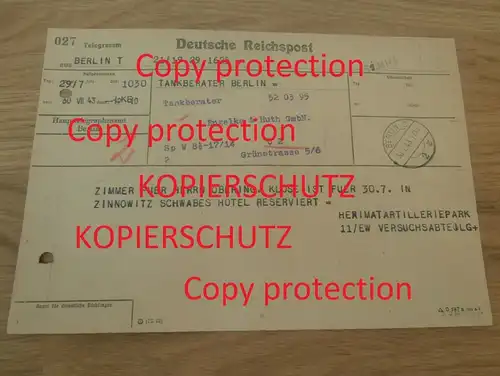 original Telegramm - Heeresversuchsanstalt Peenemünde , 1943 , Tankanlage , Raketen , V1 , V2 , Mecklenburg , HVA !!!