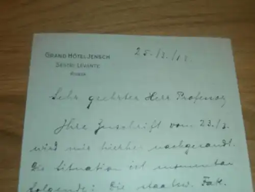 Dokument aus Sestri Levante , 1912 , Grand Hotel Jensch , mit Briefkopf !!!
