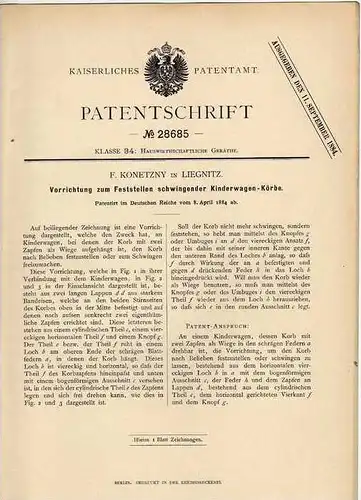 Original Patentschrift -  F. Konetzny in Liegnitz , 1884 , Feststeller für Kinderwagen !!!
