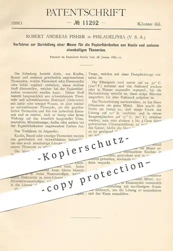 original Patent - Robert Andreas Fisher , Philadelphia , USA , 1880 , Masse aus Kaolin u. Tonerde für Papier Herstellung