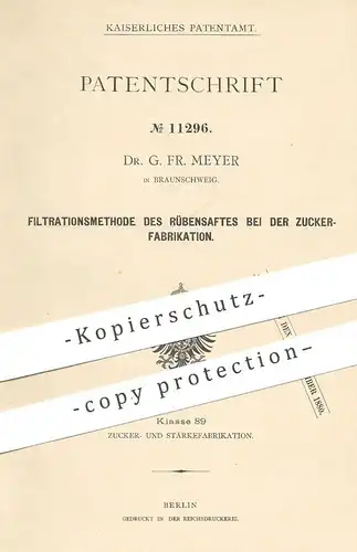 original Patent - Dr. G. Fr. Meyer , Braunschweig  1880 , Filtration von Rübensaft bei Zuckerfabrikation | Zucker , Rübe