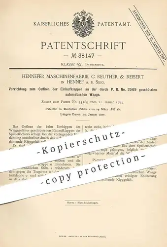 original Patent - Hennefer Maschinenfabrik C. Reuther & Reisert , Hennef / Sieg , 1886 , automatische Waage | Waagen !!!