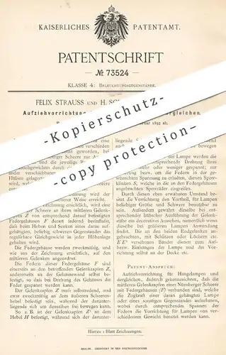 original Patent - Felix Strauss , H. Schultes , München 1893 , Aufziehen von Hängelampen | Scherenlampe , Lampe , Licht