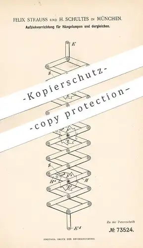 original Patent - Felix Strauss , H. Schultes , München 1893 , Aufziehen von Hängelampen | Scherenlampe , Lampe , Licht