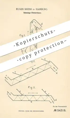 original Patent - Eugen Kreiss , Hamburg , 1889 , Schwinge - Förderrinnen | Hebezeug , Förderband , Schnecke , Transport