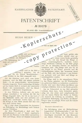 original Patent - Hugo Bien , Wald / Solingen , 1884 , Befestigung für Messerhefte | Messer , Klinge , Schneidwerkzeug