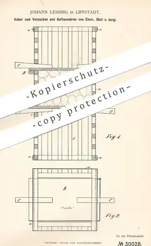 original Patent - Johann Lessing , Lippstadt , 1884 , Kober zum Verpacken und Aufbewahren der Eier , Obst | Holz , Kiste