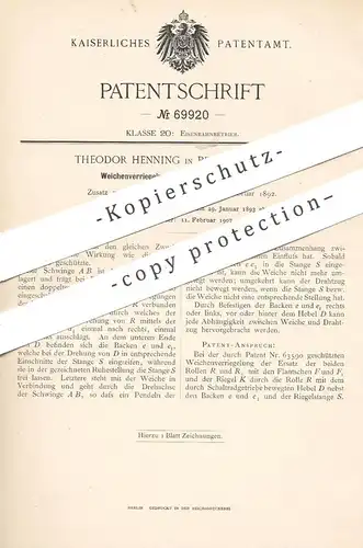 original Patent - Theodor Henning , Bruchsal / Baden , 1893 , Weichenverriegelung | Eisenbahn Weiche | Zug , Züge !!!