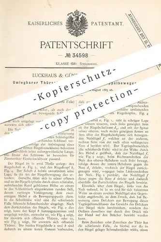 original Patent - Luckhaus & Günther , Remscheid , 1885 , Türschloss - Tagriegel mit Doppelbewegung | Tür Schloss Riegel