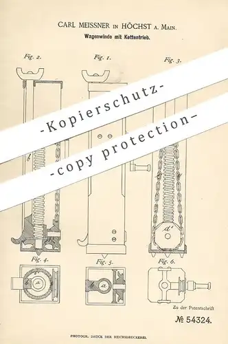 original Patent - Carl Meissner , Höchst / Main , 1889 , Wagenwinde mit Kettenbetrieb | Winde , Seilwinde , Hebezeug !!!