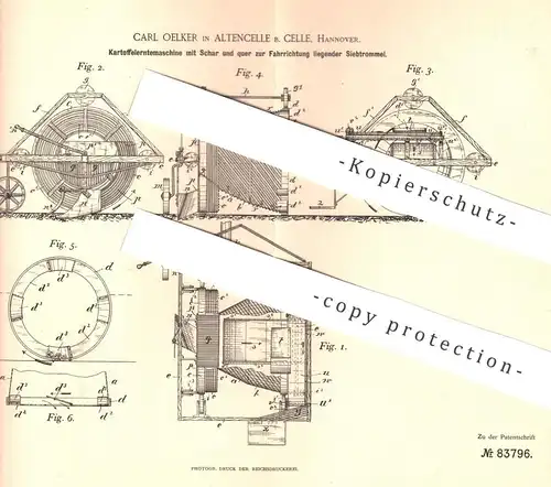 original Patent - Carl Oelker , Altencelle / Celle / Hannover , 1894 , Kartoffelerntemaschine | Kartoffel Erntemaschine