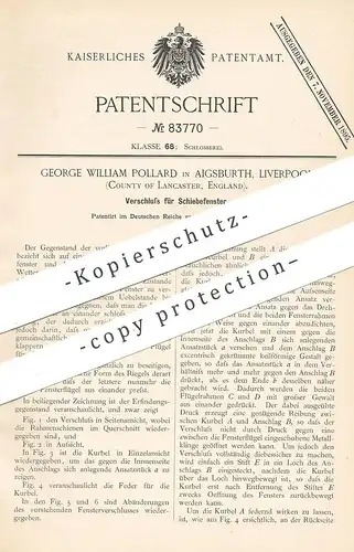 original Patent - George William Pollard , Aigsburth , Liverpool , Lancaster , England , 1894 , Fenster - Verschluss