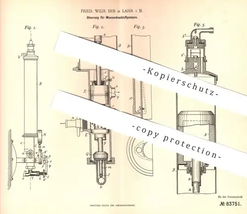 original Patent - Fried. Wilh. Erb , Lahr / Schwarzwald , 1895 , Steuerung für Wasserdruckluftpumpe | Druckluftpumpe