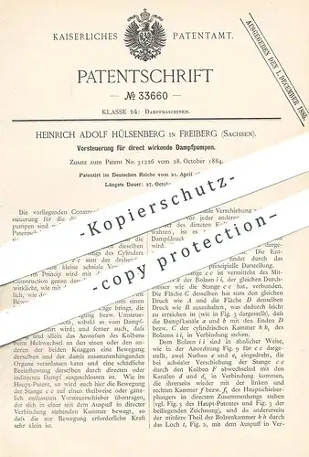 original Patent - Heinrich Adolf Hülsenberg , Freiberg / Sachsen , 1885 , Vorsteuerung für Dampfpumpe | Dampfmaschine !!