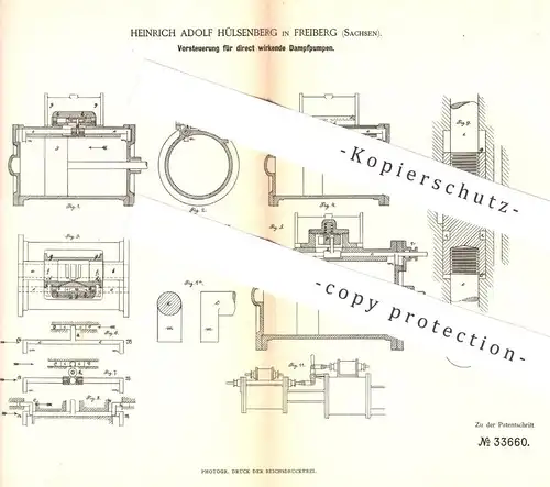 original Patent - Heinrich Adolf Hülsenberg , Freiberg / Sachsen , 1885 , Vorsteuerung für Dampfpumpe | Dampfmaschine !!