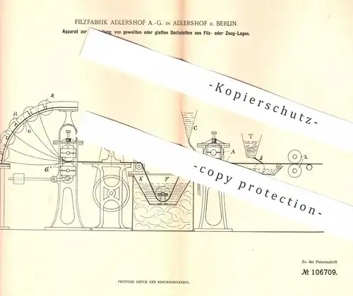 original Patent - Filzfabrik Adlershof AG / Berlin , 1899 , Dachplatten aus Filz- o. Zeuglage | Dach , Dachdecker , Filz