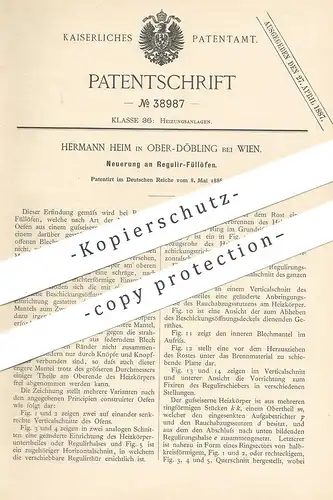 original Patent - Hermann Heim , Ober Döbling / Wien / Österreich , 1886 , Regulier- Füllofen | Ofen , Öfen , Ofenbauer