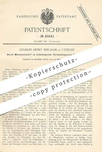 original Patent - Charles Henry Bingham , Utrecht / Holland / Niederlande , 1887 , Getränke - Automat mit Münzeinwurf !